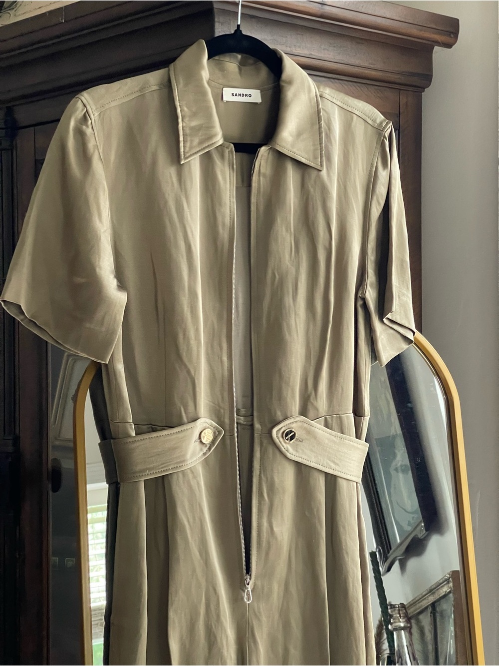 Sandro NWT army green khaki short sleeve linen blend satin jumpsuit - Picture 4 of 12